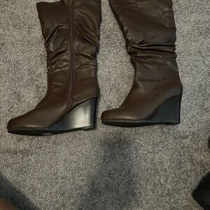 Brown Wedge Knee-High Boots